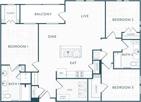 Floor plan for 3 beds, 2 baths, 1403 sqft